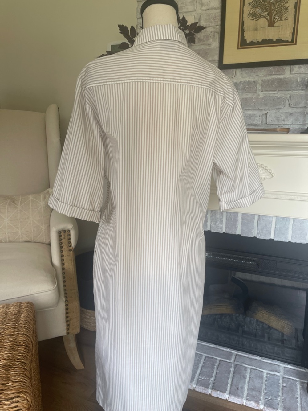 John Henry Tan & Cream Striped Shirt Dress short cuffed sleeves Pockets Size10P - Picture 5 of 14